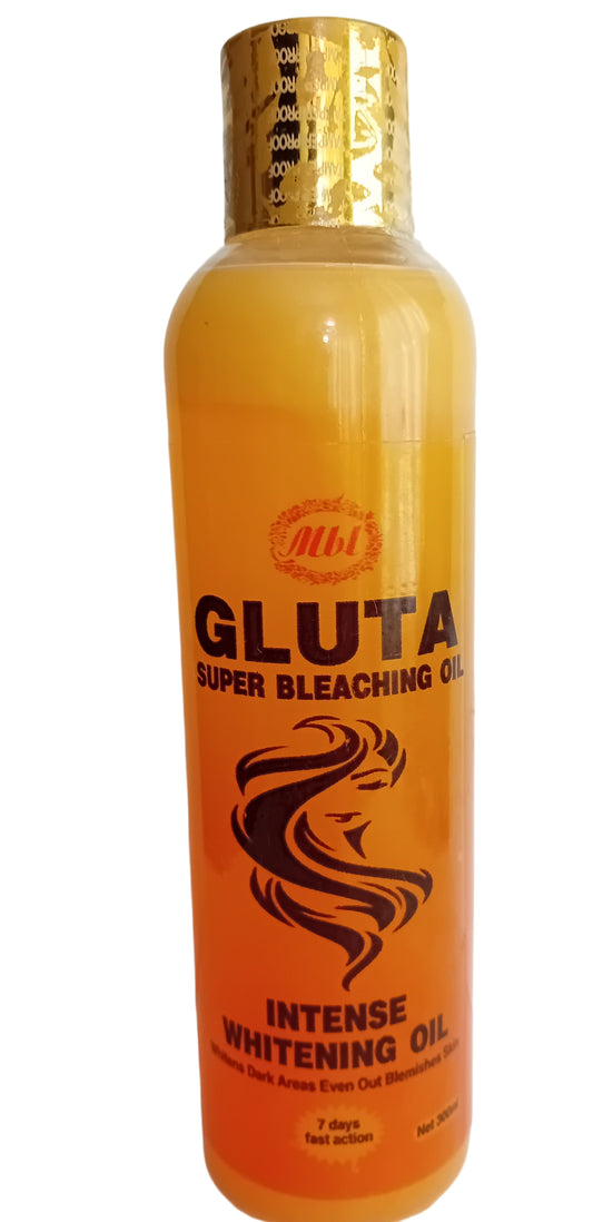 Bottle of Gluta Super Bleaching Oil with a gold cap on a white background