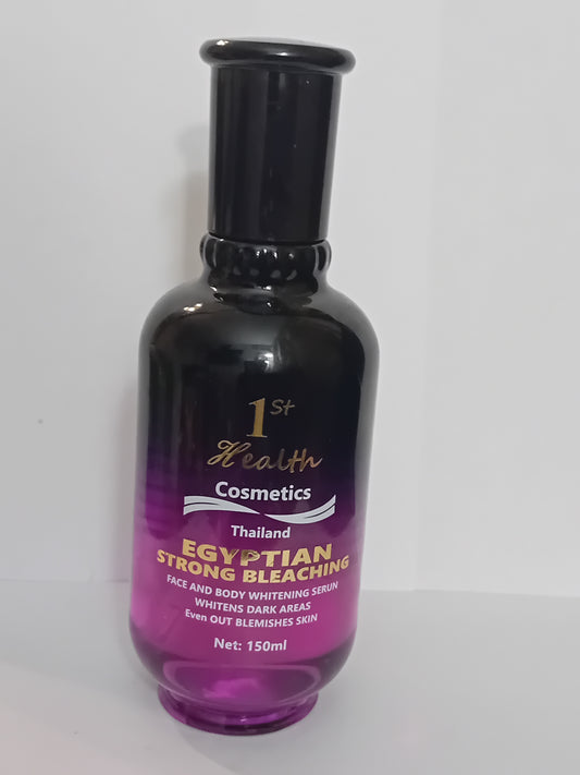 Bottle of Egyptian Strong Bleaching Serum with a purple label on a white background